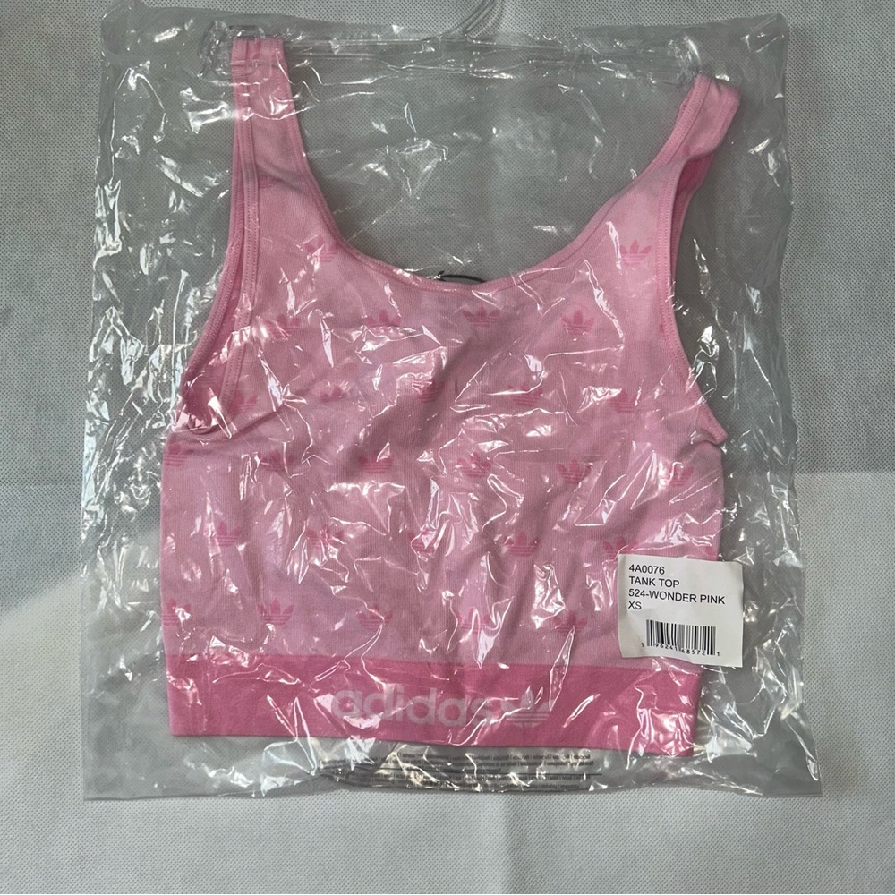 Adidas pink all over logo modern flex cropped tank top NWT size XS